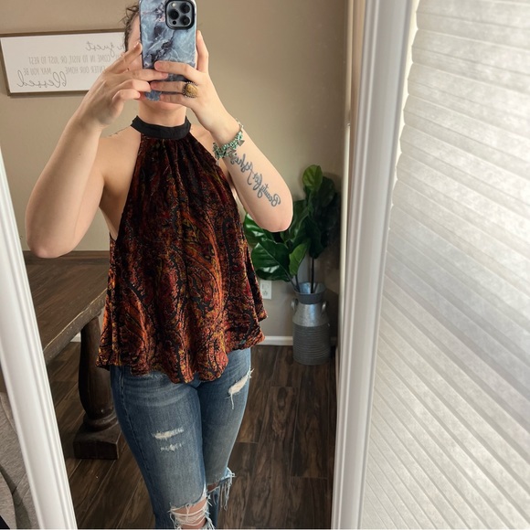 FP Velvet Burnout Paisley Red Orange Yellow black neck tie sleeveless XS - Picture 2 of 13